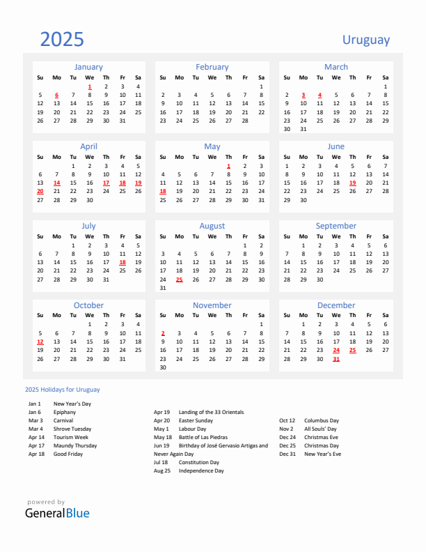 Basic Yearly Calendar with Holidays in Uruguay for 2025