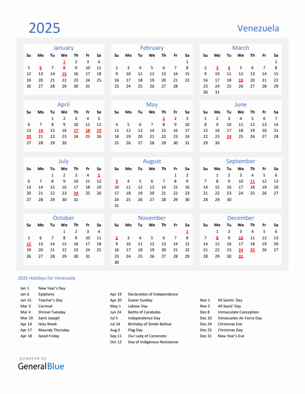 Basic Yearly Calendar with Holidays in Venezuela for 2025