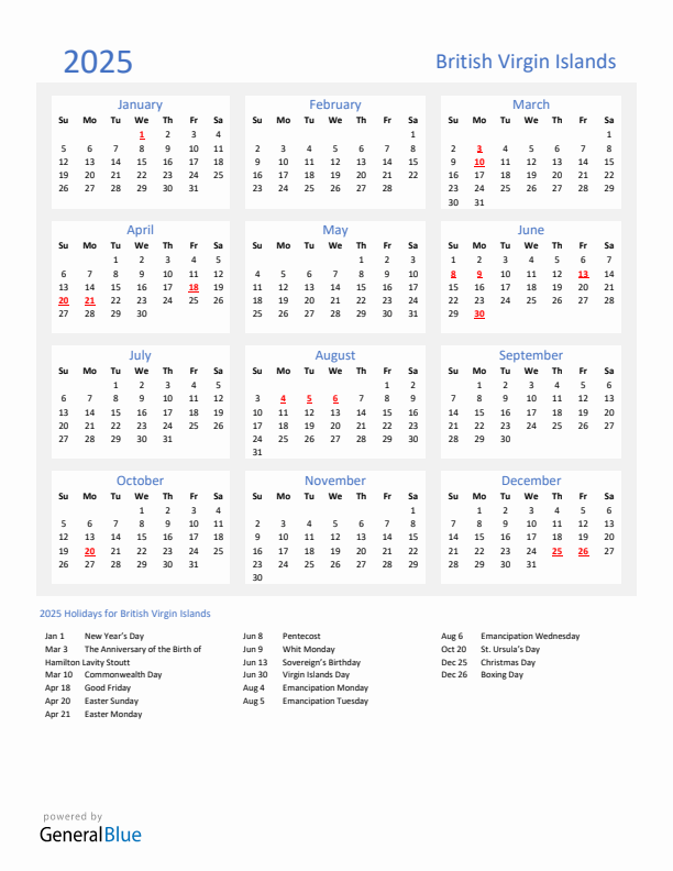 Basic Yearly Calendar with Holidays in British Virgin Islands for 2025 