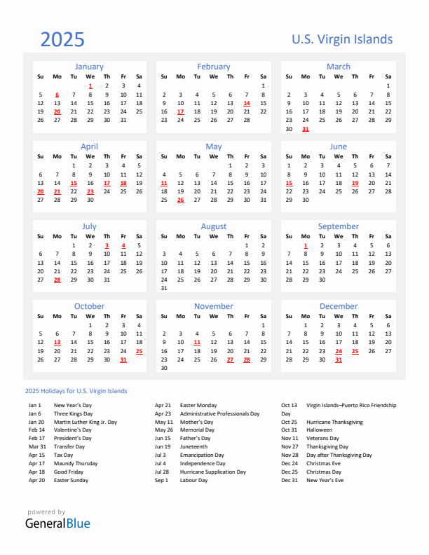 Basic Yearly Calendar with Holidays in U.S. Virgin Islands for 2025 