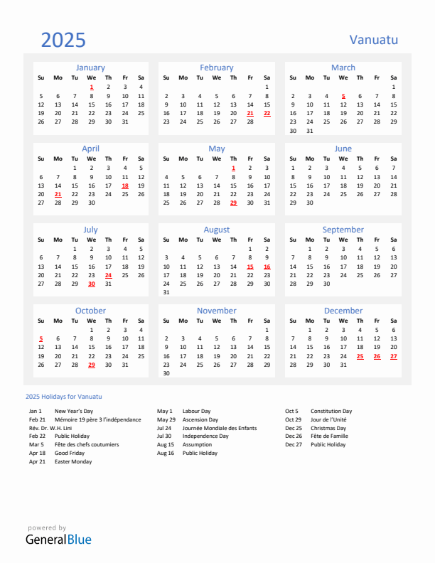 Basic Yearly Calendar with Holidays in Vanuatu for 2025 