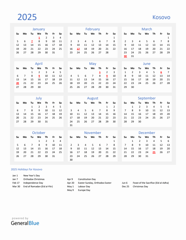 Basic Yearly Calendar with Holidays in Kosovo for 2025