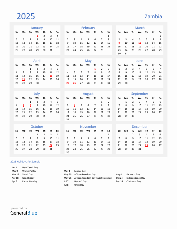 Basic Yearly Calendar with Holidays in Zambia for 2025
