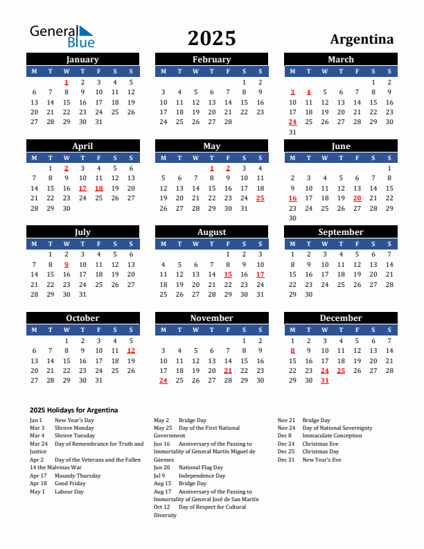 2025 Argentina Holiday Calendar