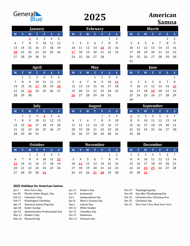 2025 American Samoa Holiday Calendar