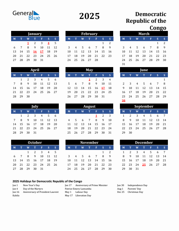 2025 Democratic Republic of the Congo Holiday Calendar
