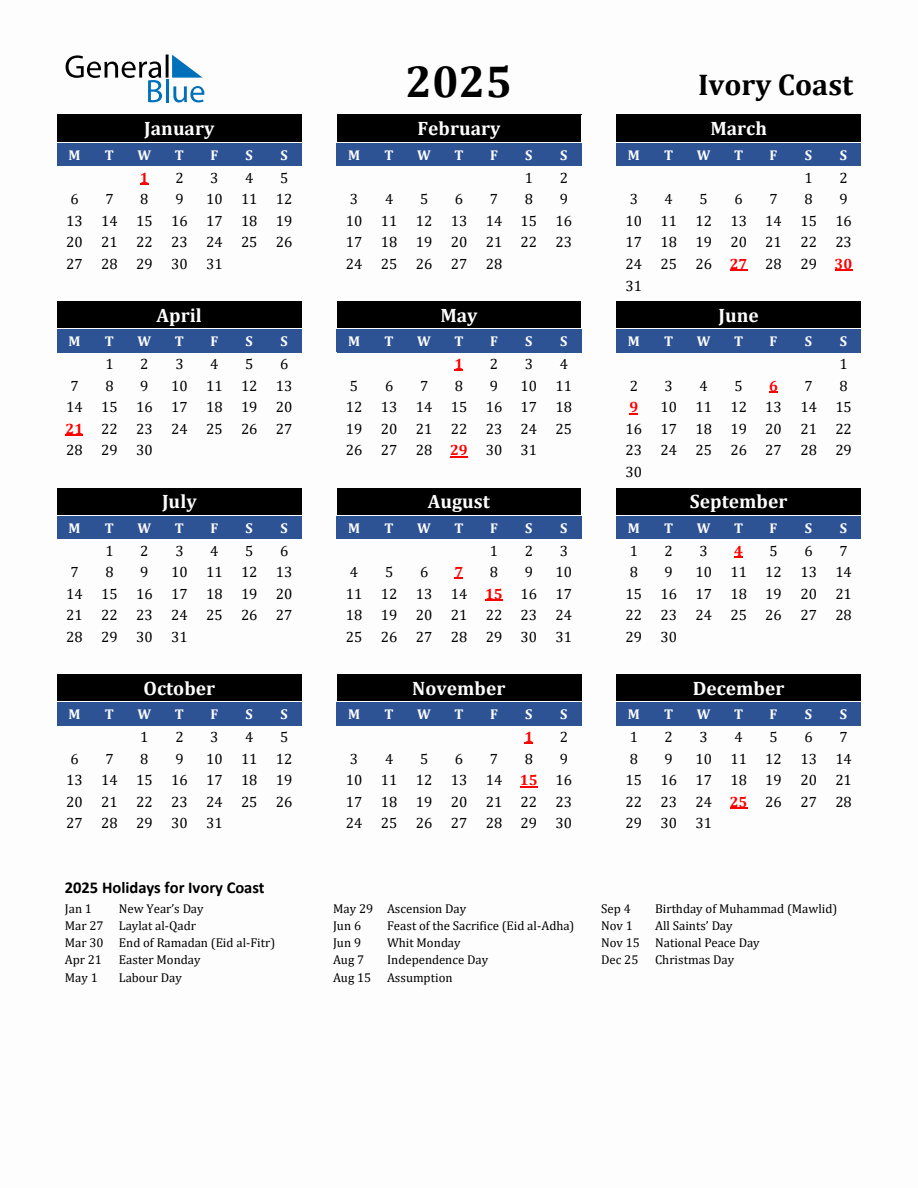 2025 Ivory Coast Holiday Calendar - Monday Start