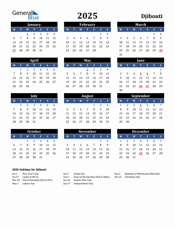 2025 Djibouti Holiday Calendar