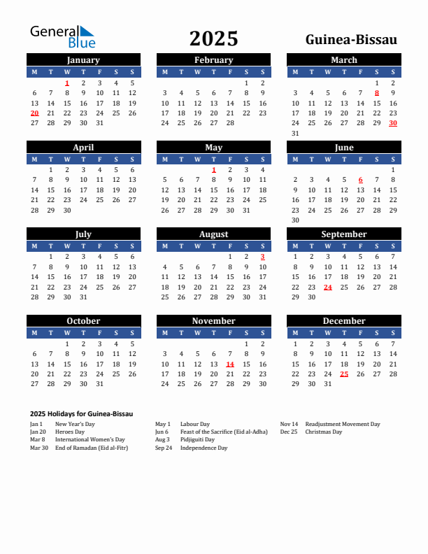 2025 Guinea-Bissau Holiday Calendar