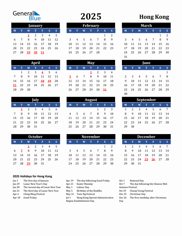 2025 Hong Kong Holiday Calendar