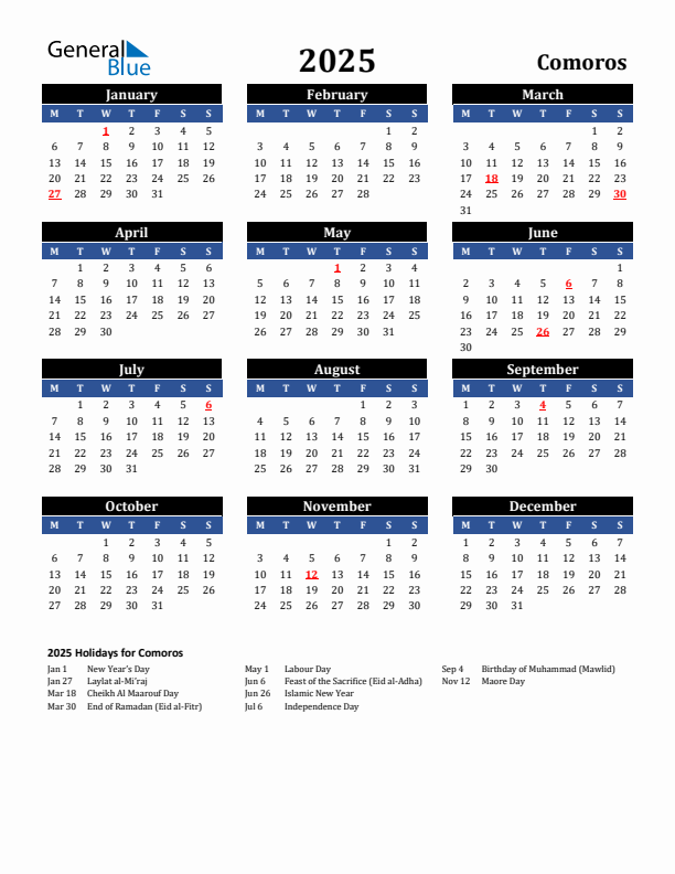 2025 Comoros Holiday Calendar