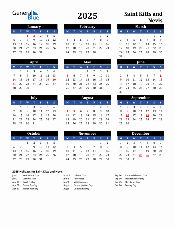 2025 Saint Kitts and Nevis Holiday Calendar