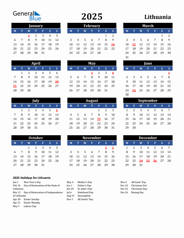 2025 Lithuania Holiday Calendar