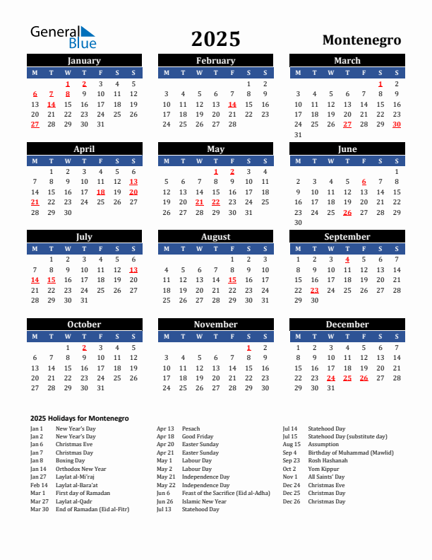 2025 Montenegro Holiday Calendar