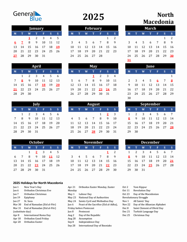 2025 North Macedonia Holiday Calendar