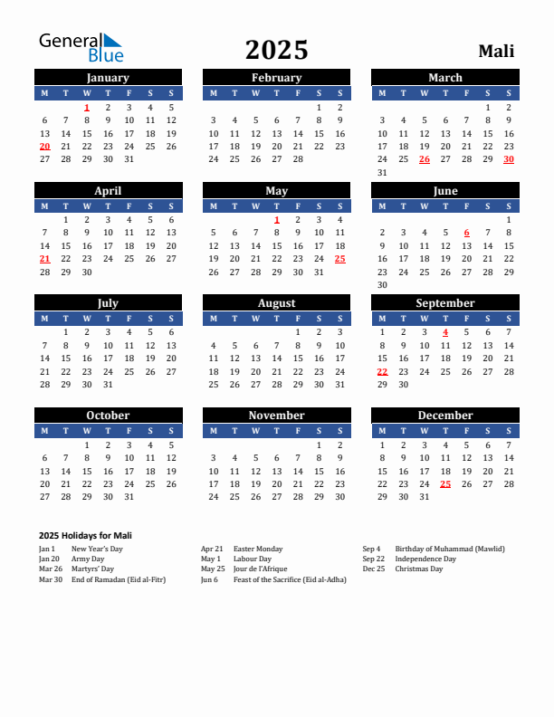 2025 Mali Holiday Calendar