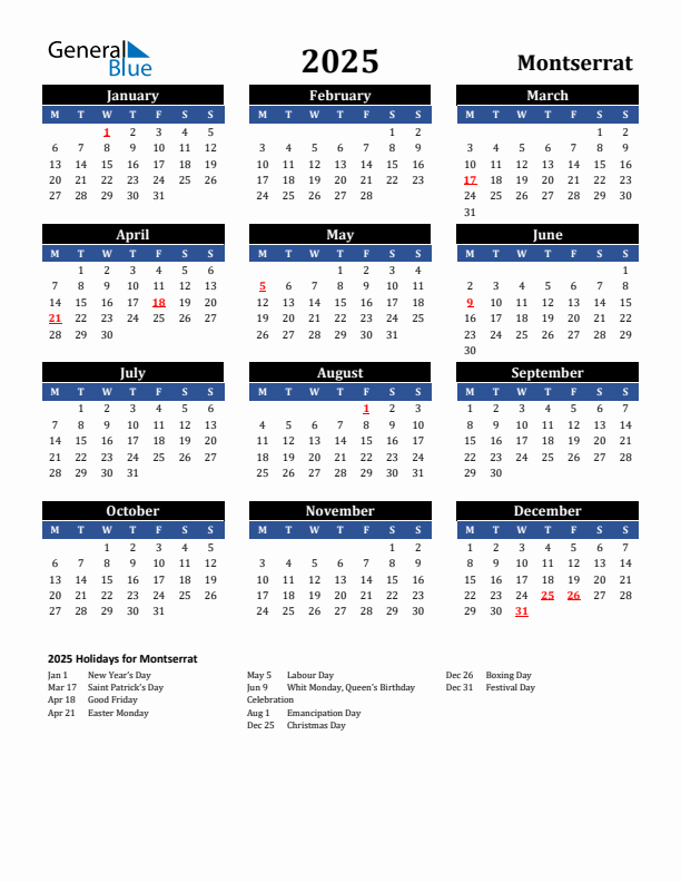 2025 Montserrat Holiday Calendar