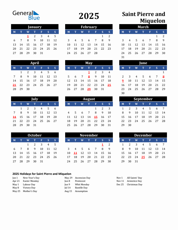 2025 Saint Pierre and Miquelon Holiday Calendar