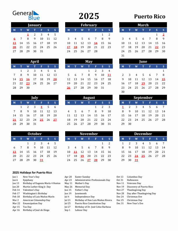 2025 Puerto Rico Holiday Calendar