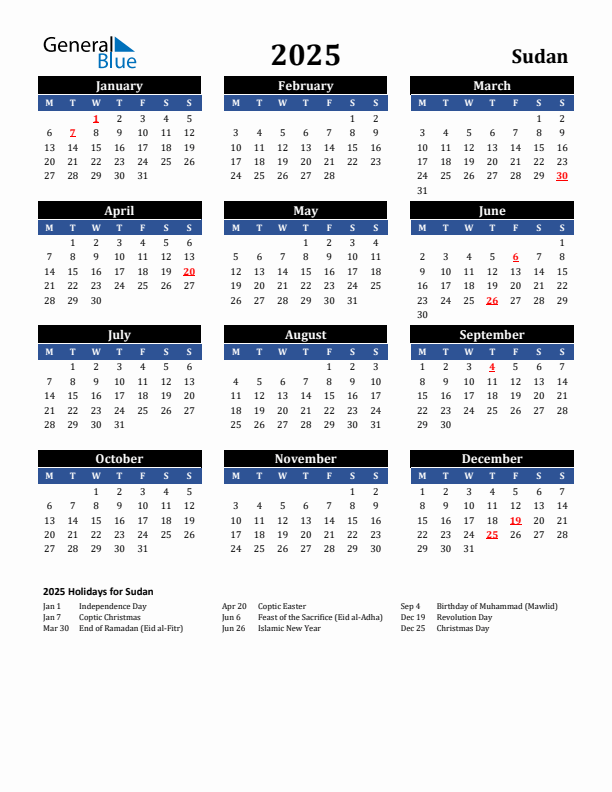 2025 Sudan Holiday Calendar