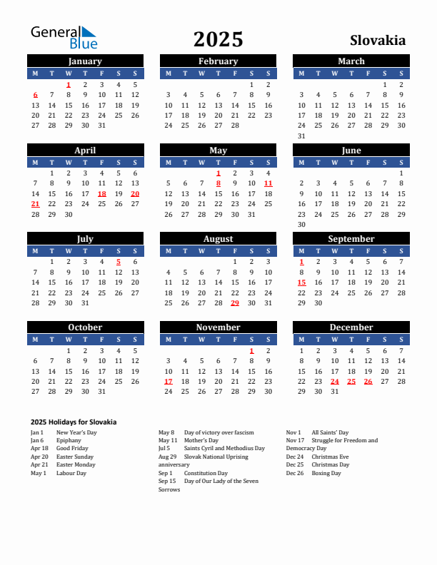 2025 Slovakia Holiday Calendar