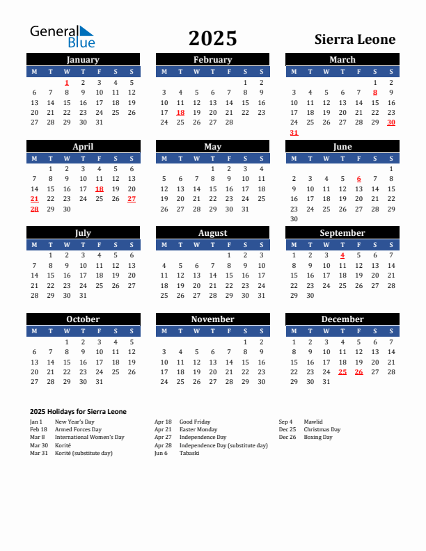 2025 Sierra Leone Holiday Calendar
