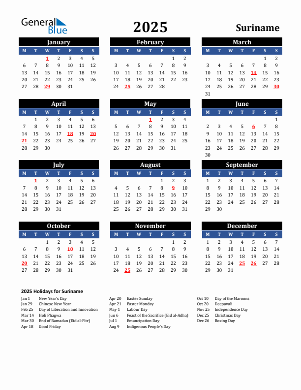 2025 Suriname Holiday Calendar