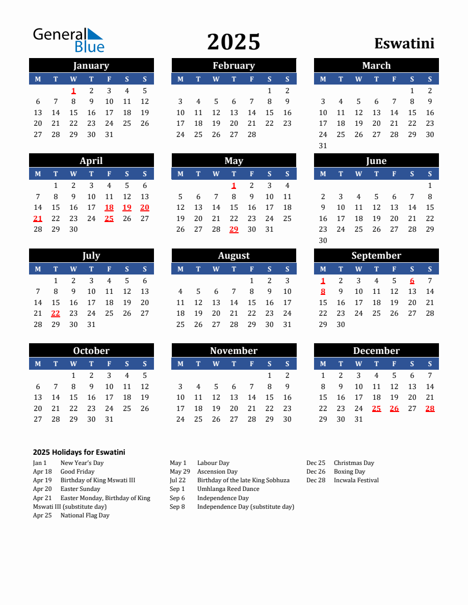 2025 Eswatini Holiday Calendar - Monday Start