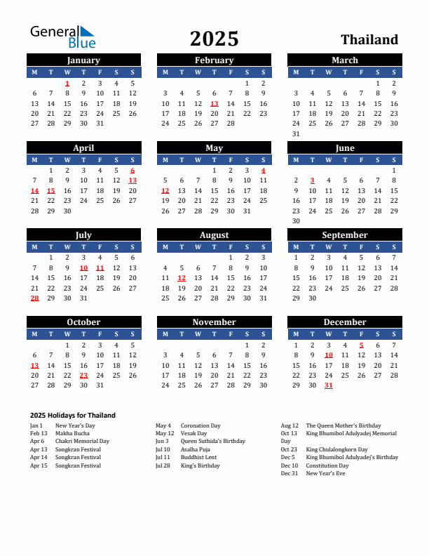 2025 Thailand Holiday Calendar