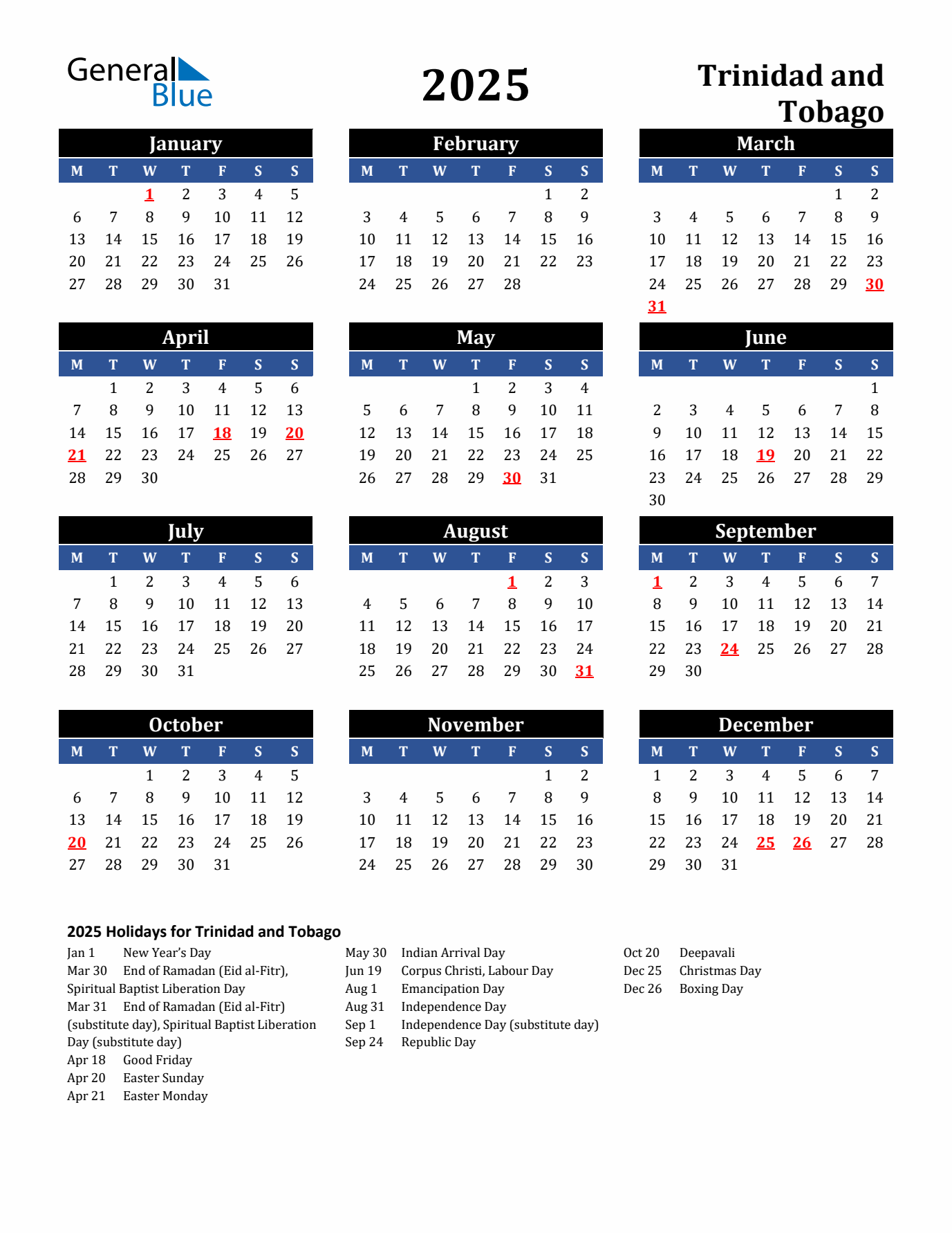 2025 Trinidad and Tobago Holiday Calendar