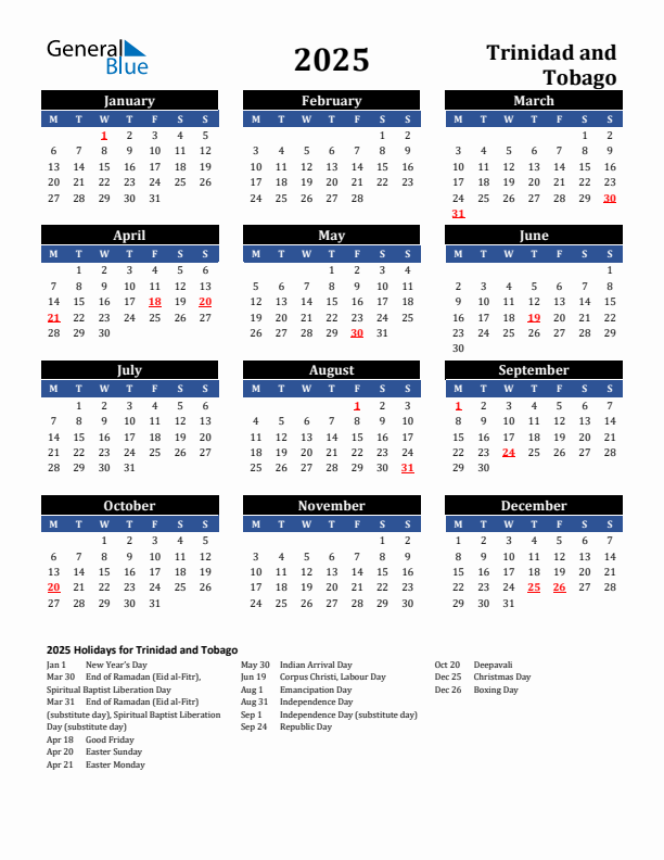 2025 Trinidad and Tobago Holiday Calendar