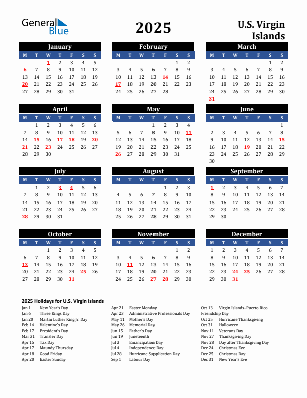 2025 U.S. Virgin Islands Holiday Calendar