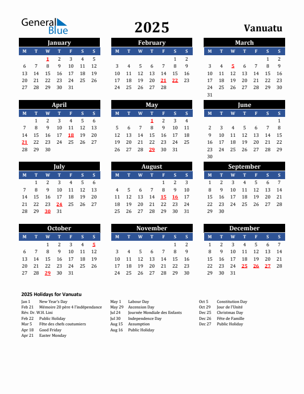 2025 Vanuatu Holiday Calendar