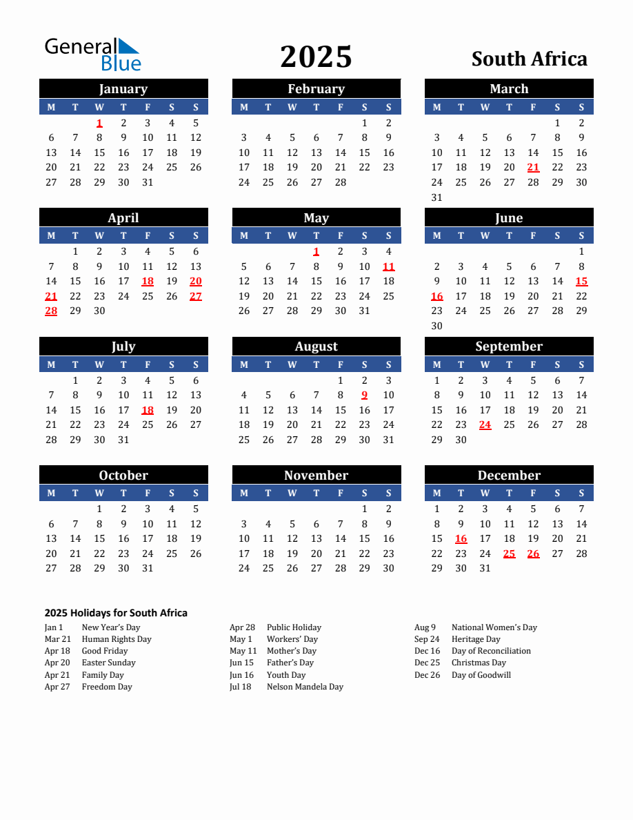 2025 South Africa Holiday Calendar - Monday Start