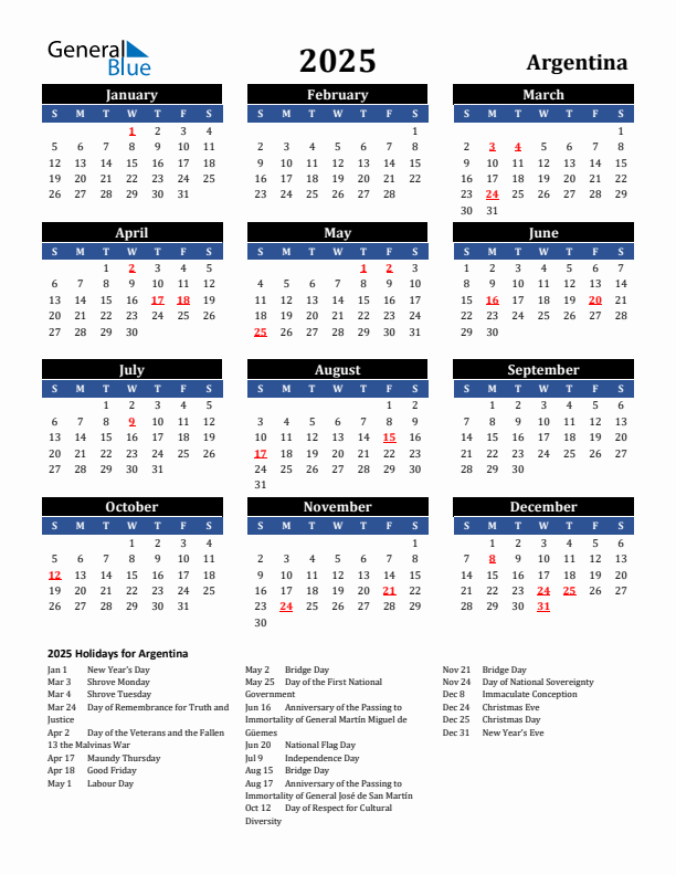 2025 Argentina Holiday Calendar