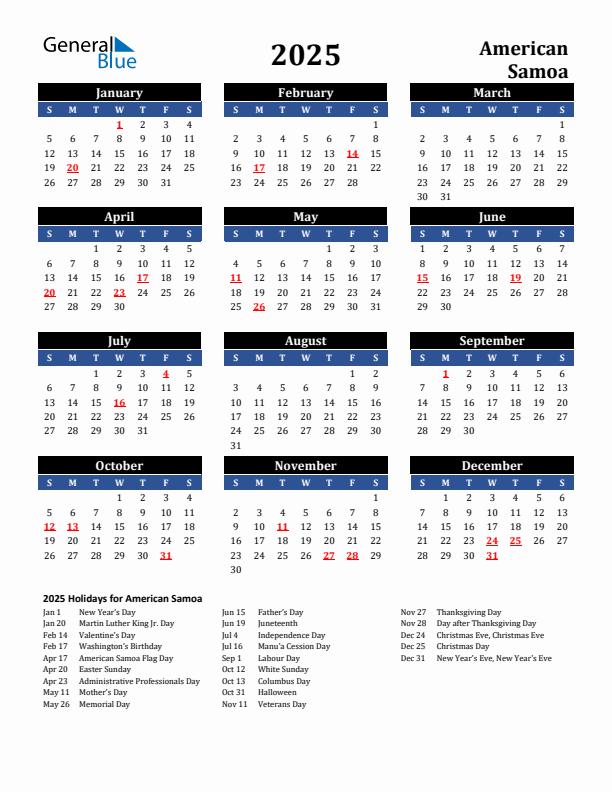 2025 American Samoa Holiday Calendar