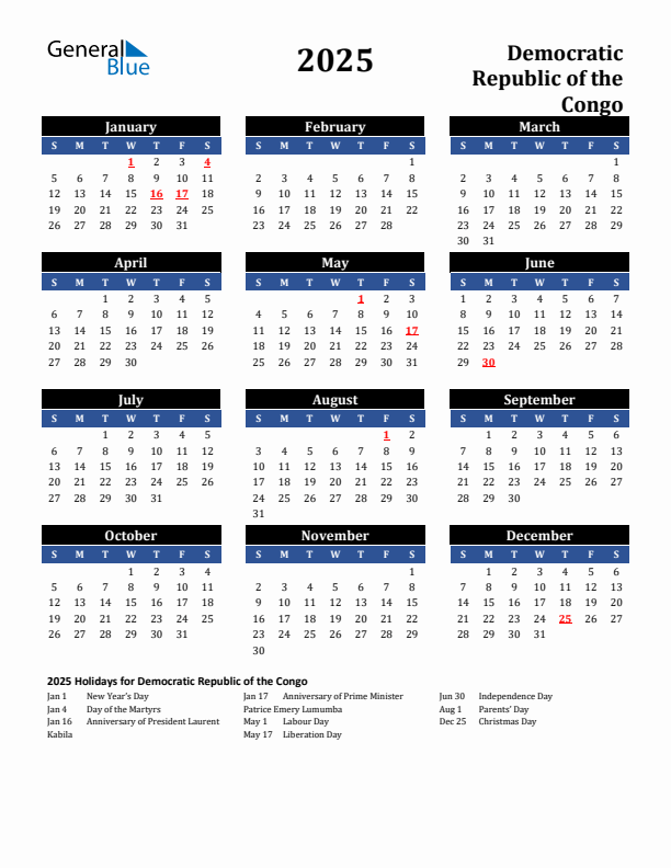 2025 Democratic Republic of the Congo Holiday Calendar