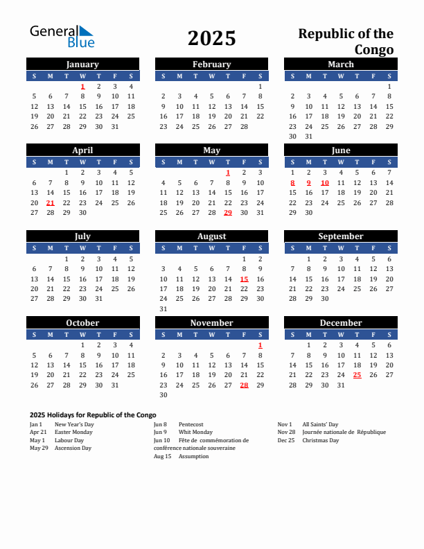 2025 Republic of the Congo Holiday Calendar
