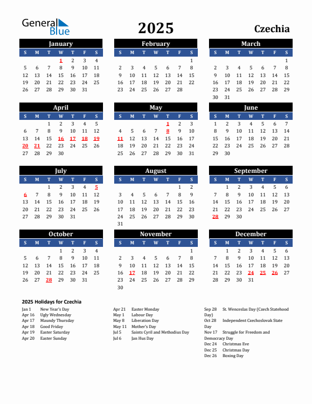 2025 Czechia Holiday Calendar