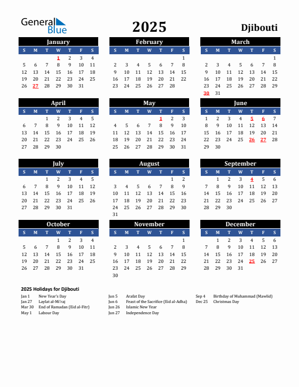2025 Djibouti Holiday Calendar