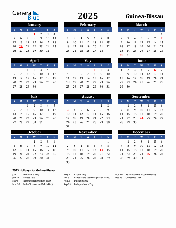 2025 Guinea-Bissau Holiday Calendar