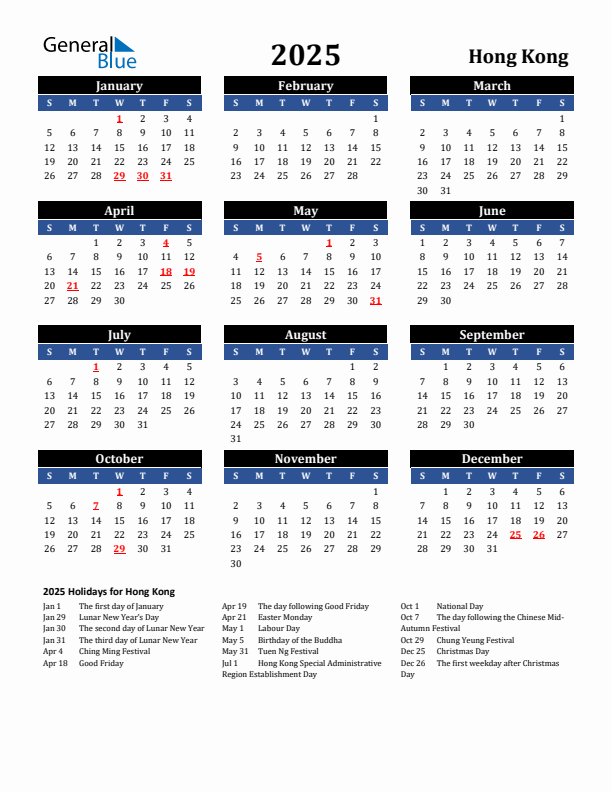 2025 Hong Kong Holiday Calendar