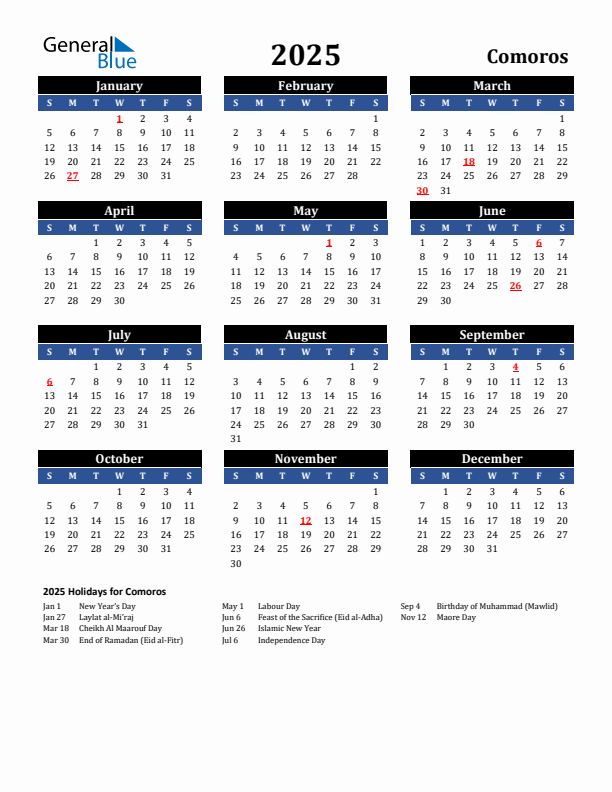 2025 Comoros Holiday Calendar