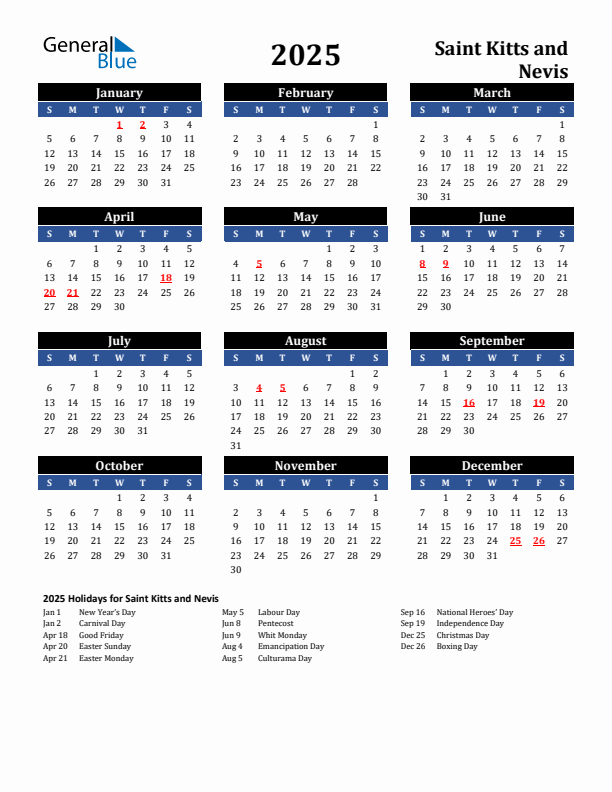 2025 Saint Kitts and Nevis Holiday Calendar