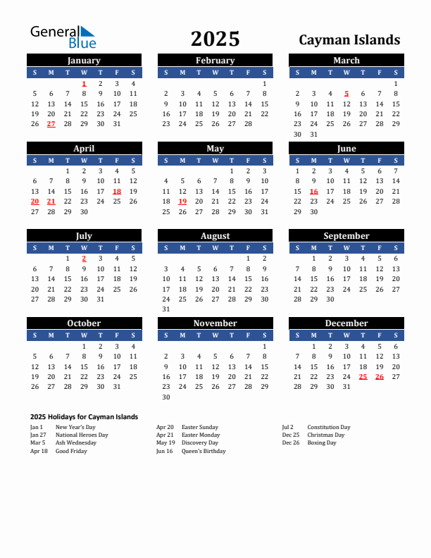 2025 Cayman Islands Holiday Calendar
