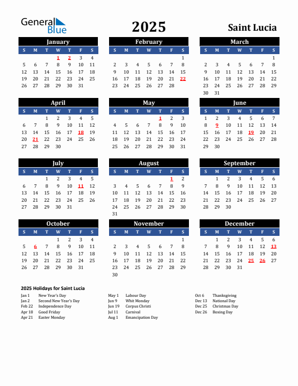 2025 Saint Lucia Holiday Calendar