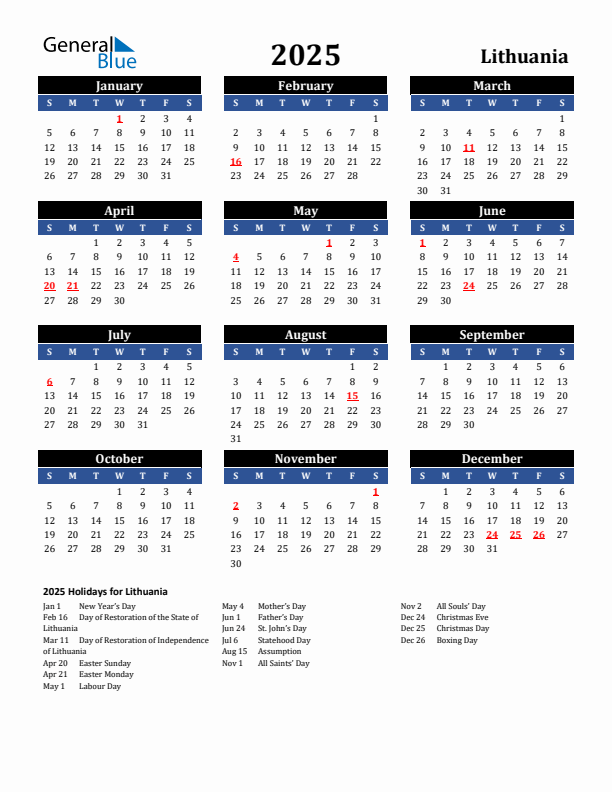 2025 Lithuania Holiday Calendar