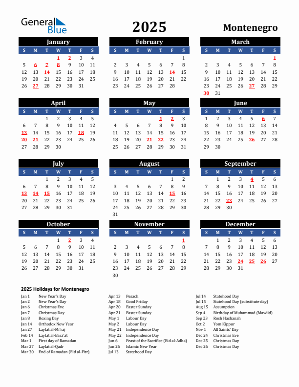 2025 Montenegro Holiday Calendar
