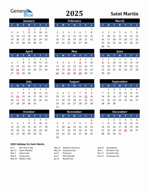 2025 Saint Martin Holiday Calendar