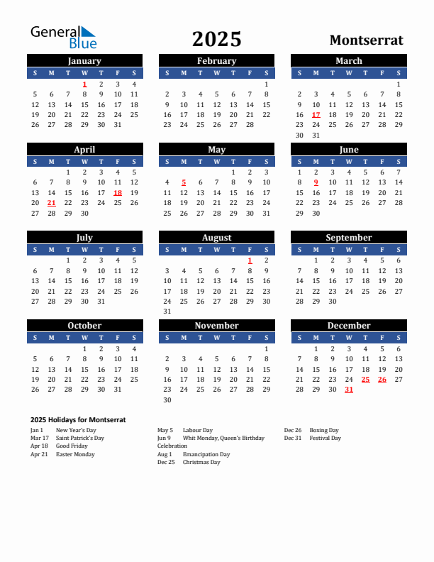 2025 Montserrat Holiday Calendar